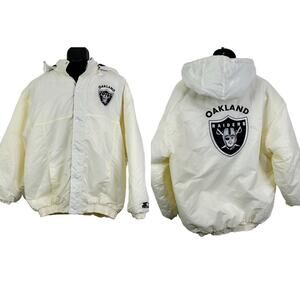 Vintage 1990's Oakland Raiders White Starter Puffer Hooded Jacket Men's Size XXL